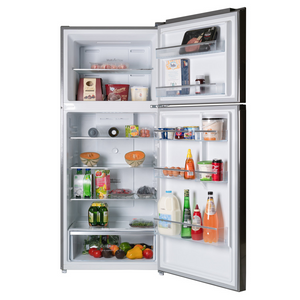 CHiQ 435L Top Mount Fridge CTM434S, Front view with doors open, full of food items, and bottles