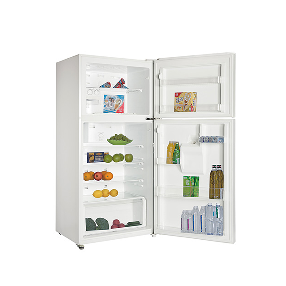 CHiQ CTM519WD 520LTop Mount Fridge White, Front right view with doors open, full of food items, and bottles