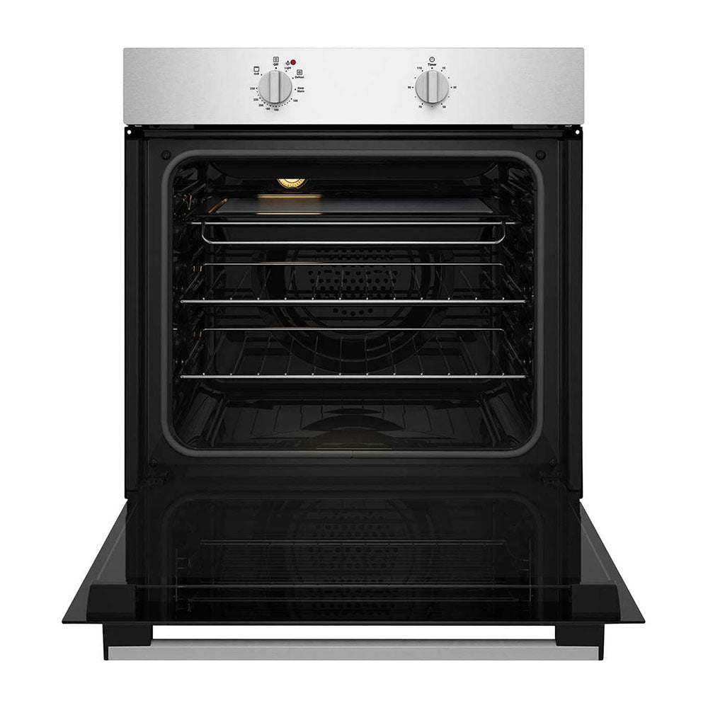 Chef 60cm 80L 3 Function Electric Built-In Oven Stainless Steel CVE612SB, Front view with open door