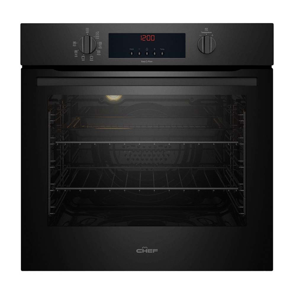 Chef 60cm 80L 7 Function Pyrolytic Built-In Oven Black CVEP614DB, Front view