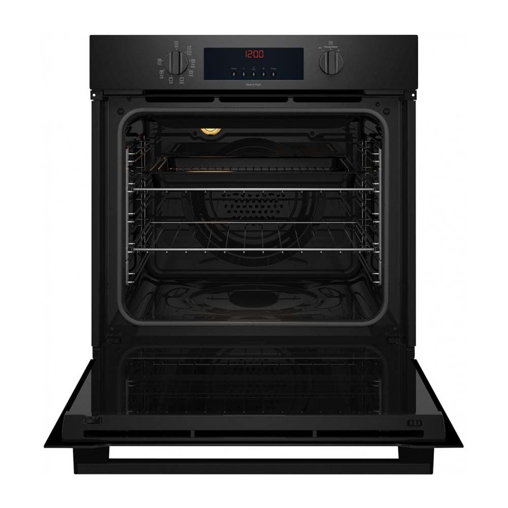 Chef 60cm 80L 7 Function Pyrolytic Built-In Oven Black CVEP614DB, Front view with door open