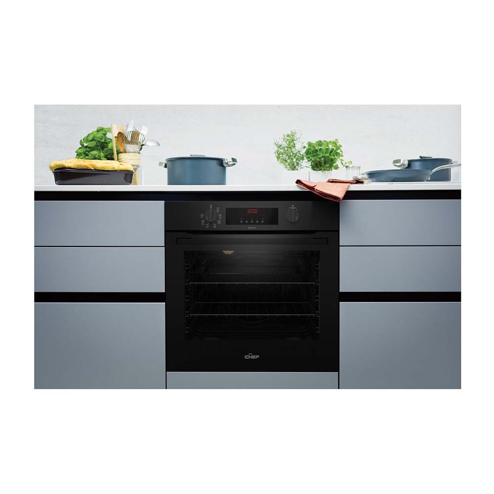 Chef 60cm 80L 7 Function Pyrolytic Built-In Oven Black CVEP614DB, Front view in a cabinet