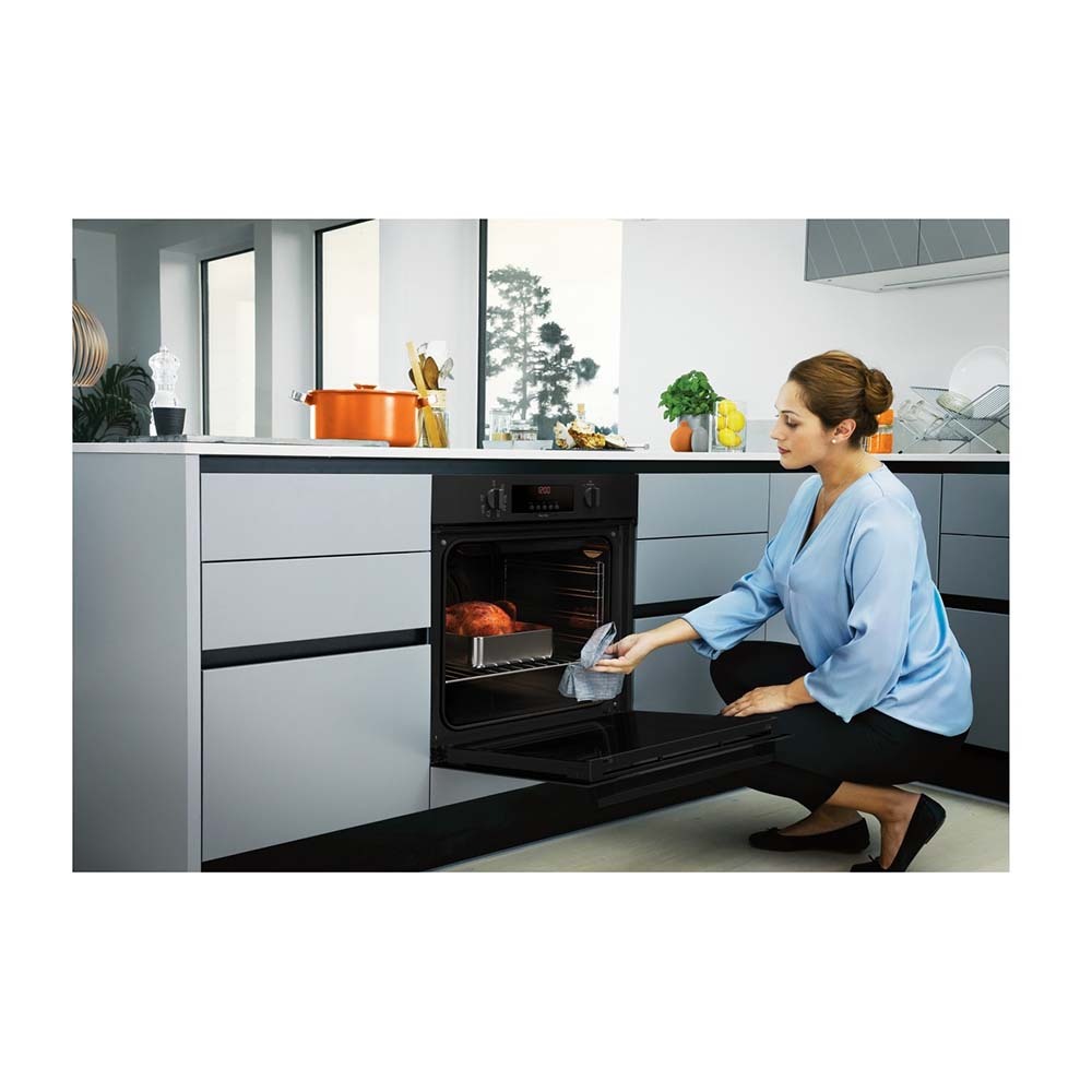 Chef 60cm 80L 7 Function Pyrolytic Built-In Oven Black CVEP614DB, Front right view with door open