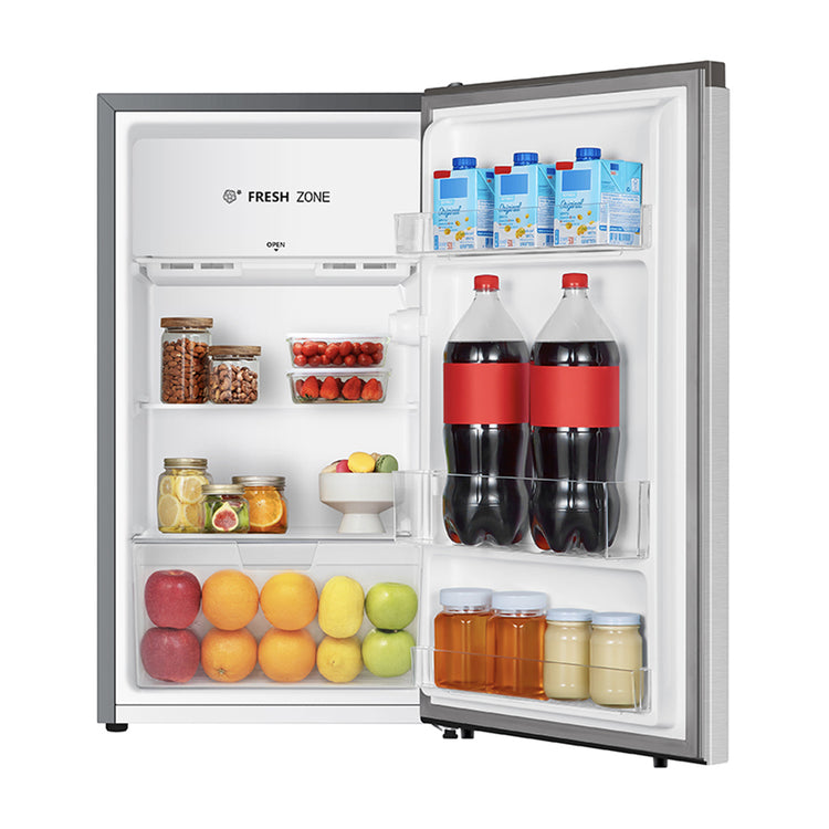 Hisense 125L Bar Fridge Silver HRBF125S, Front view with door open, full of food items, and bottles