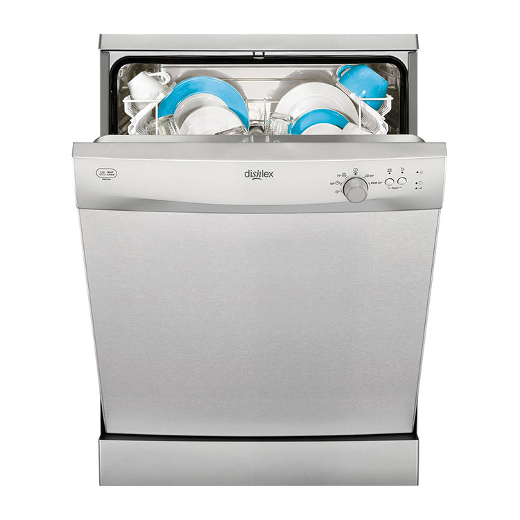 Dishlex DSF6106X Stainless Steel Freestanding Dishwasher, Front view, half door open with cutleries 