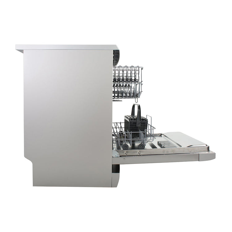 Dishlex DSF6106X Stainless Steel Freestanding Dishwasher, Side view, door open with cutleries