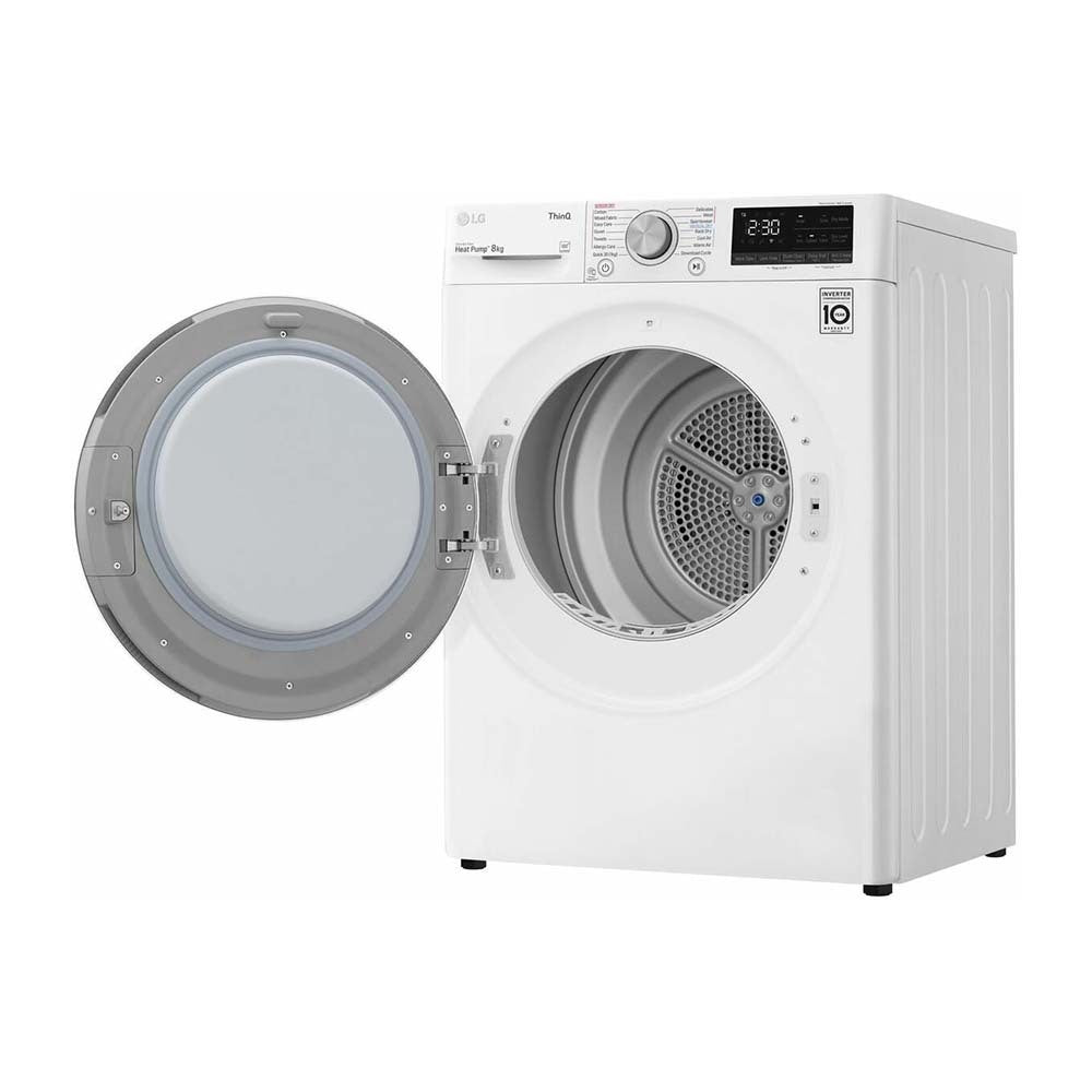 LG DVH4508W 8kg Heat Pump Dryer, Front left view with door open