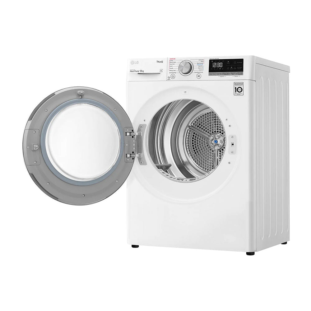 LG 8kg Heat Pump Dryer with Inverter Control DVH5-08W, Front left view with door open