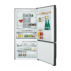 Electrolux EBE5307BCR 496L Dark Stainless Steel Bottom Mount Refrigerator, Front view with open doors, a view full of food items, and bottles