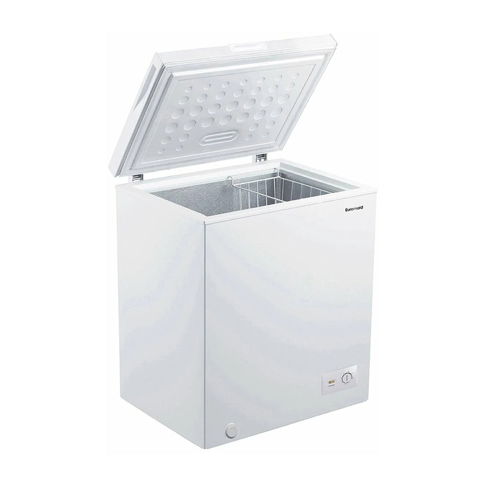 Euromaid ECFR145W 145L Chest Freezer White, Front right view with top open