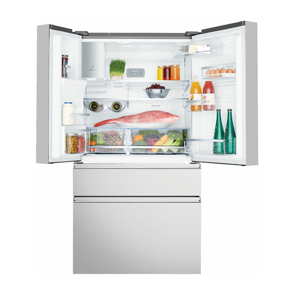 Electrolux EHE6899SA 609L French Door Fridge Stainless Steel, Top open, full of food items, and bottles