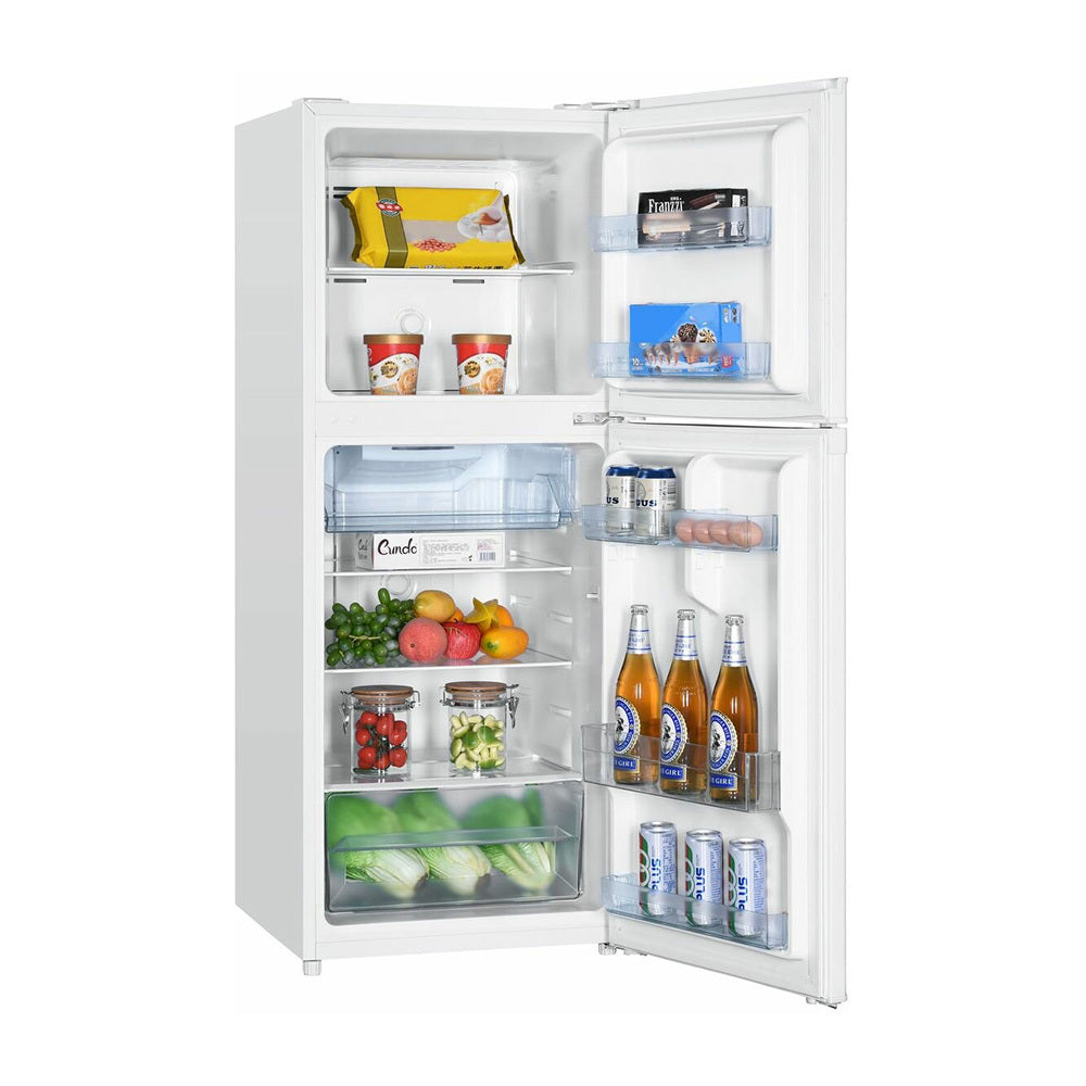 Euromaid ETM221W 198L Top Mount Fridge, Front view with doors open, full of food items, and bottles