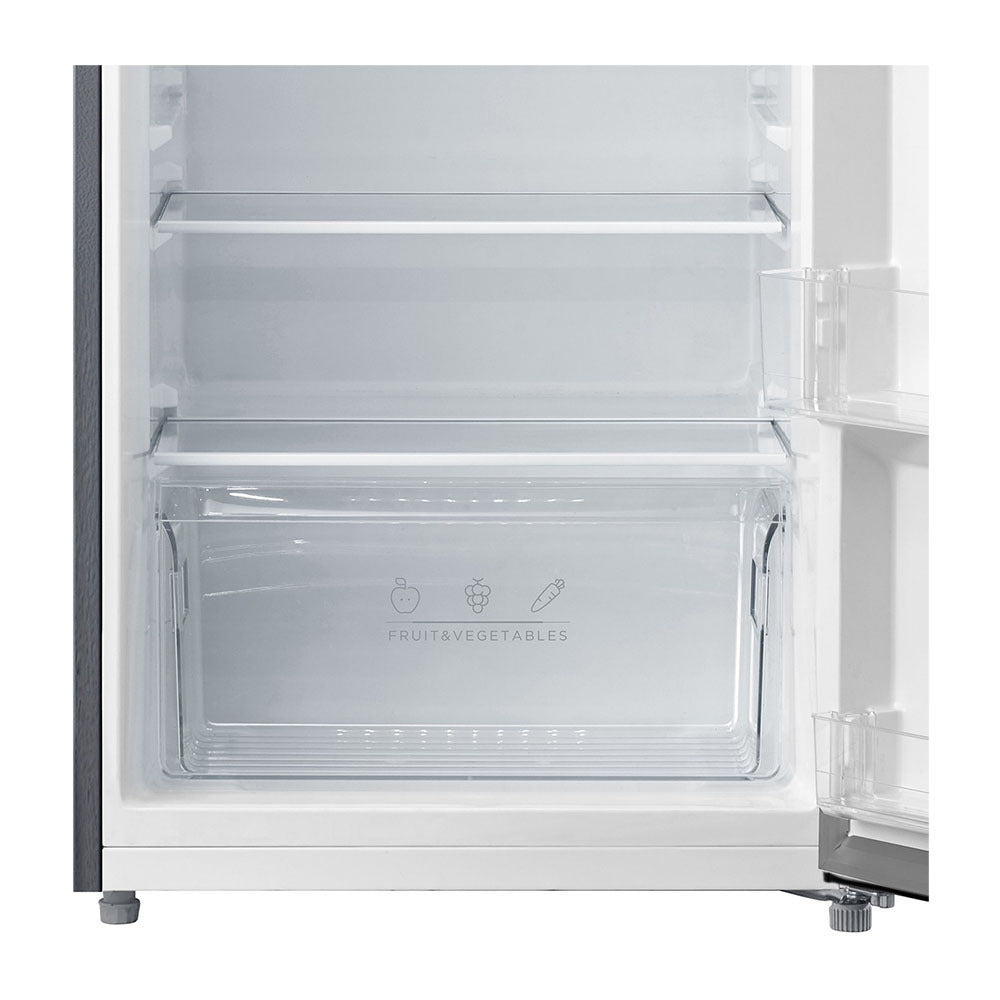 Esatto ETM236S 236L Top Mount Fridge, Glass shelf and vegetable crisper drawer view