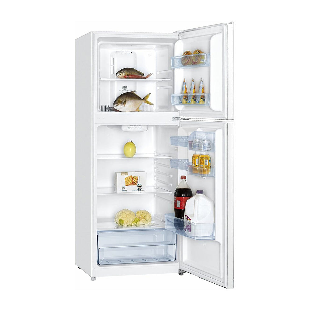 Euromaid 311L Top Mount Fridge White ETM311W, Front right view with doors open, full of food items and bottles