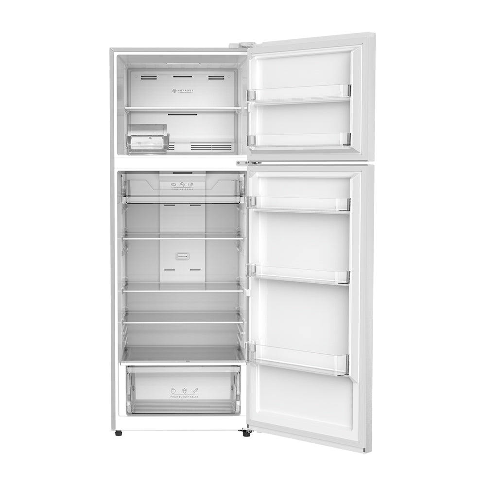 Esatto 413L Top Mount Fridge White ETM413W, Front view with doors open