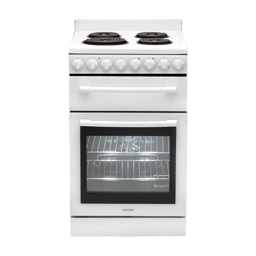 Euromaid White Electric Oven with Coil Cooktop F54RW, Front top view