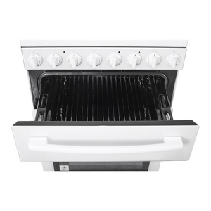 Euromaid White Electric Oven with Coil Cooktop F54RW, Front top view with drawer open