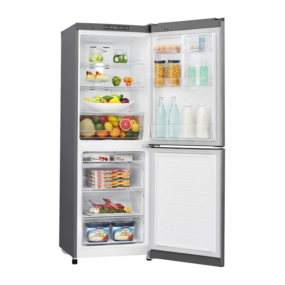 LG 310L Bottom Mount Fridge GB-310RPL, Front right view with door open filled with groceries and bottles