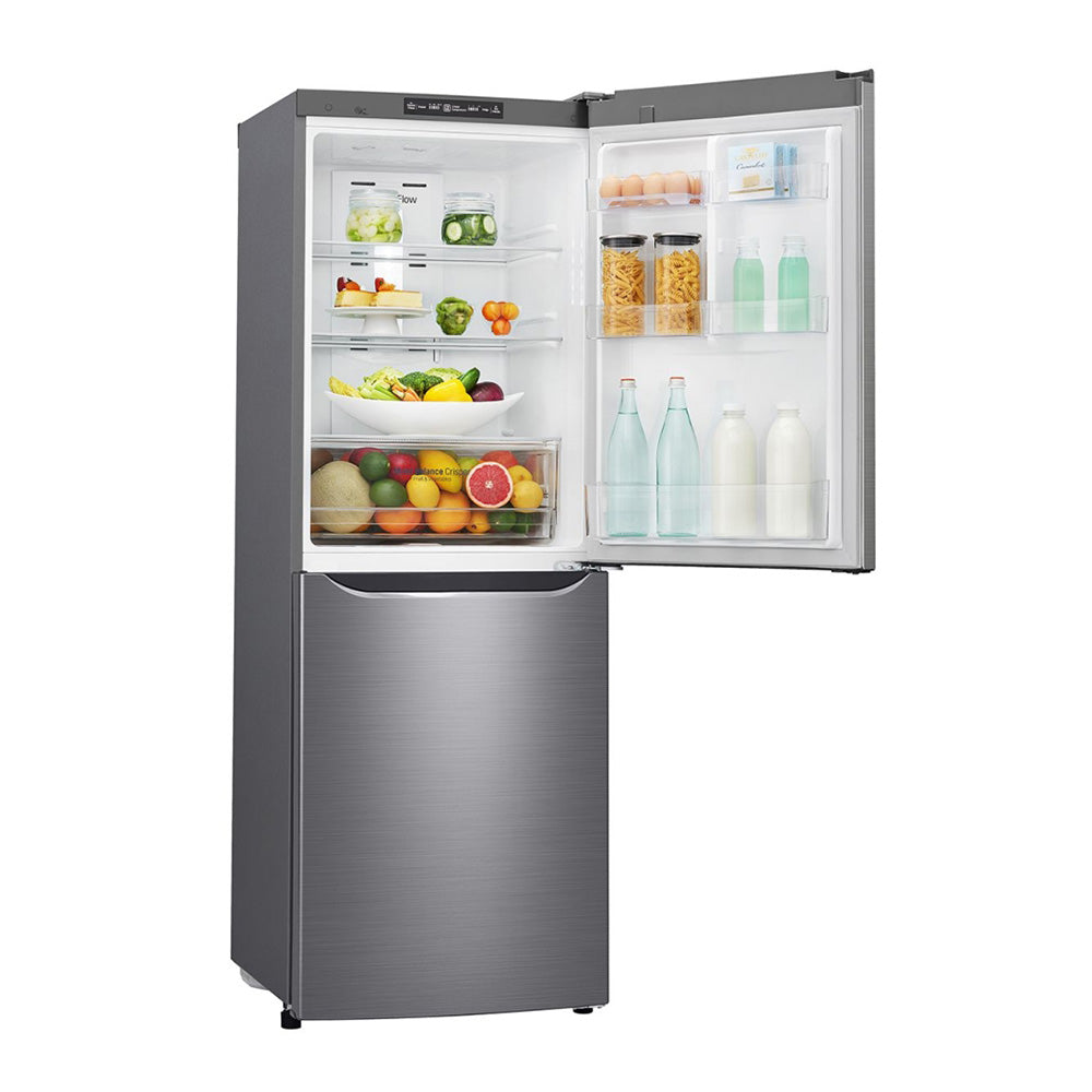 LG 310L Bottom Mount Fridge GB-310RPL, Front right view with single door open filled with groceries and bottles