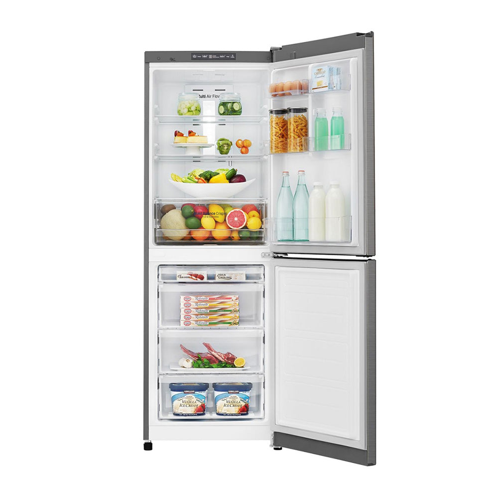 LG 310L Bottom Mount Fridge GB-310RPL, Front view with door open filled with groceries and bottles