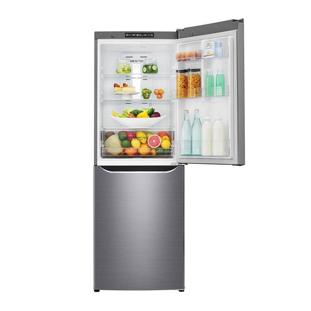 LG 310L Bottom Mount Fridge GB-310RPL, Front view with single door open filled with groceries and bottles