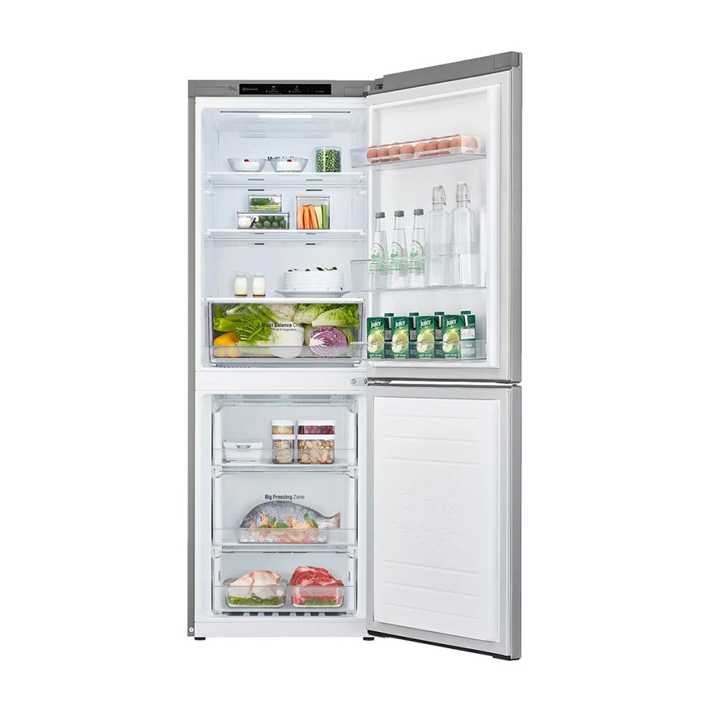 LG 306L Bottom Mount Fridge Stainless Steel GB-335PL, Front view with open door, a view filled with groceries, food and drinks