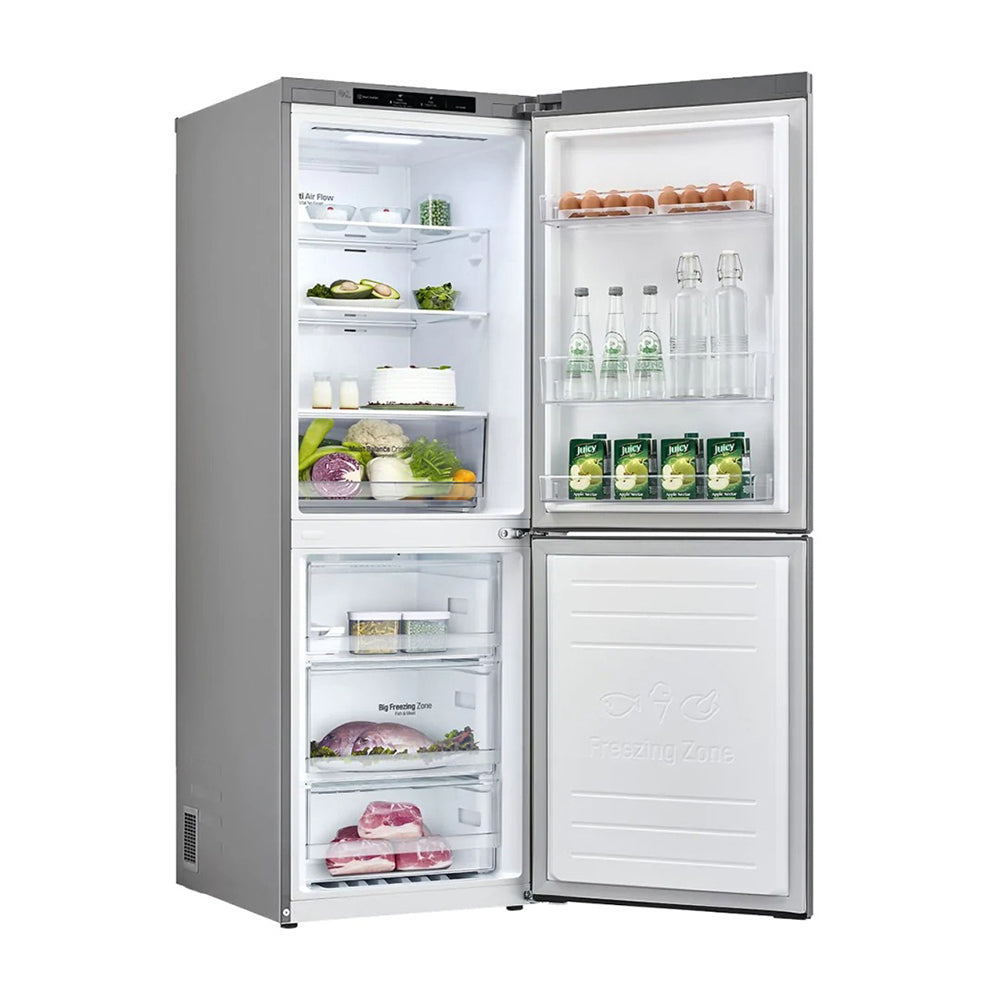 LG 306L Bottom Mount Fridge Stainless Steel GB-335PL, Front right view with open door, a view filled with groceries, food and drinks