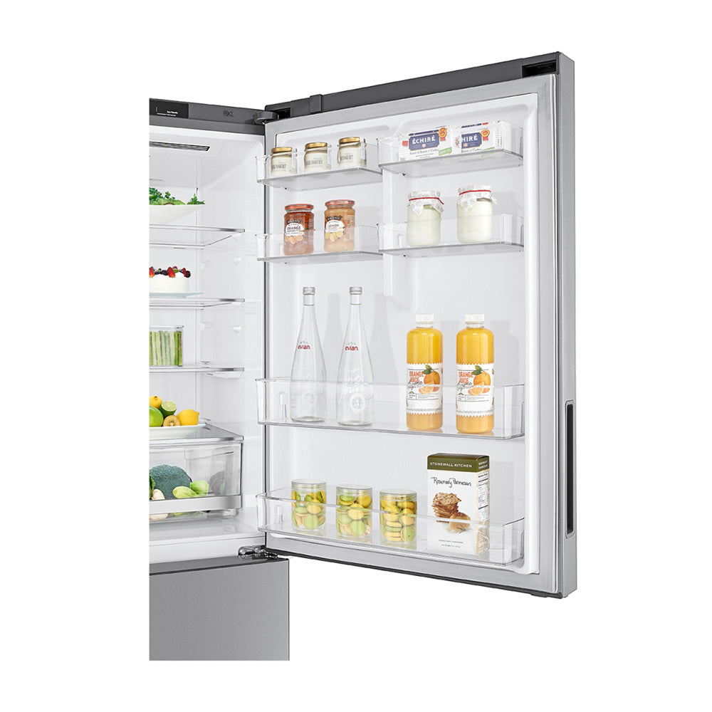 LG 420L Bottom Mount Fridge Stainless Steel GB-455PL, Door storage view filled with bottles and jars