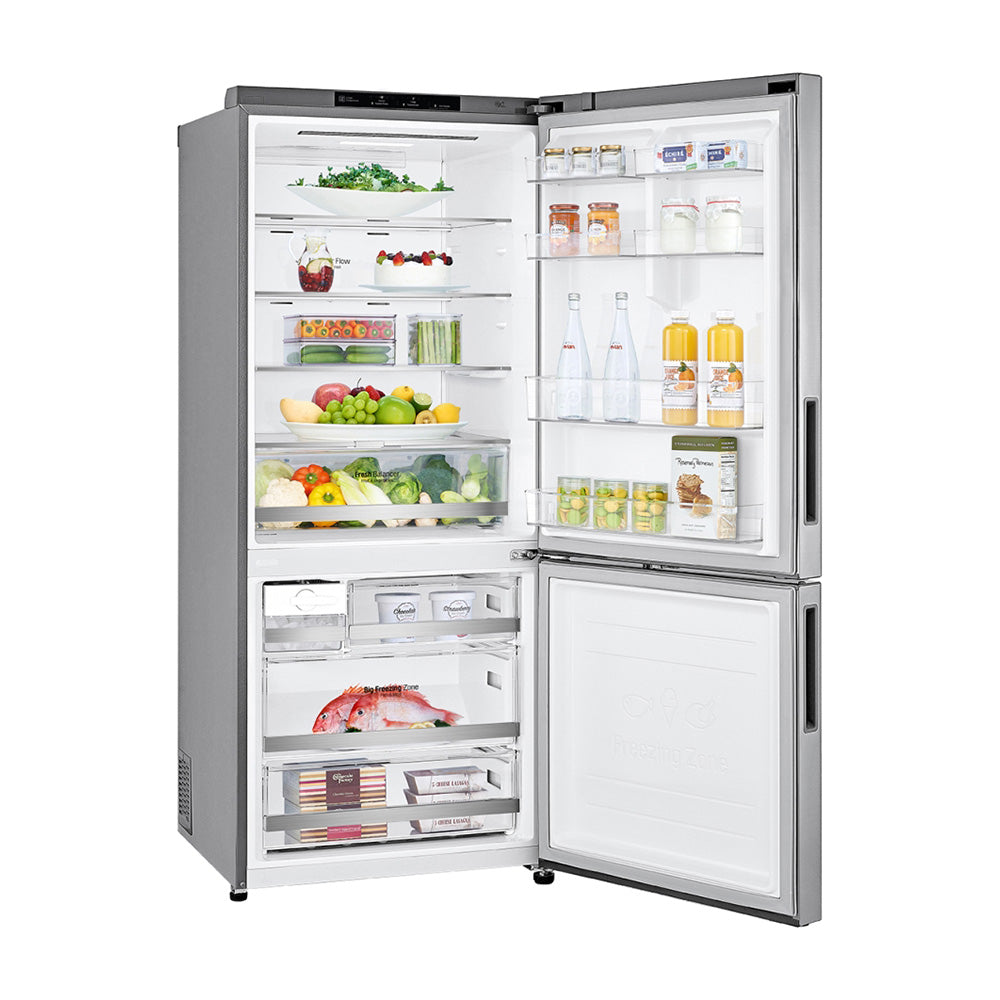 LG 420L Bottom Mount Fridge Stainless Steel GB-455PL, Front right view with door open, filled with groceries, food and bottles