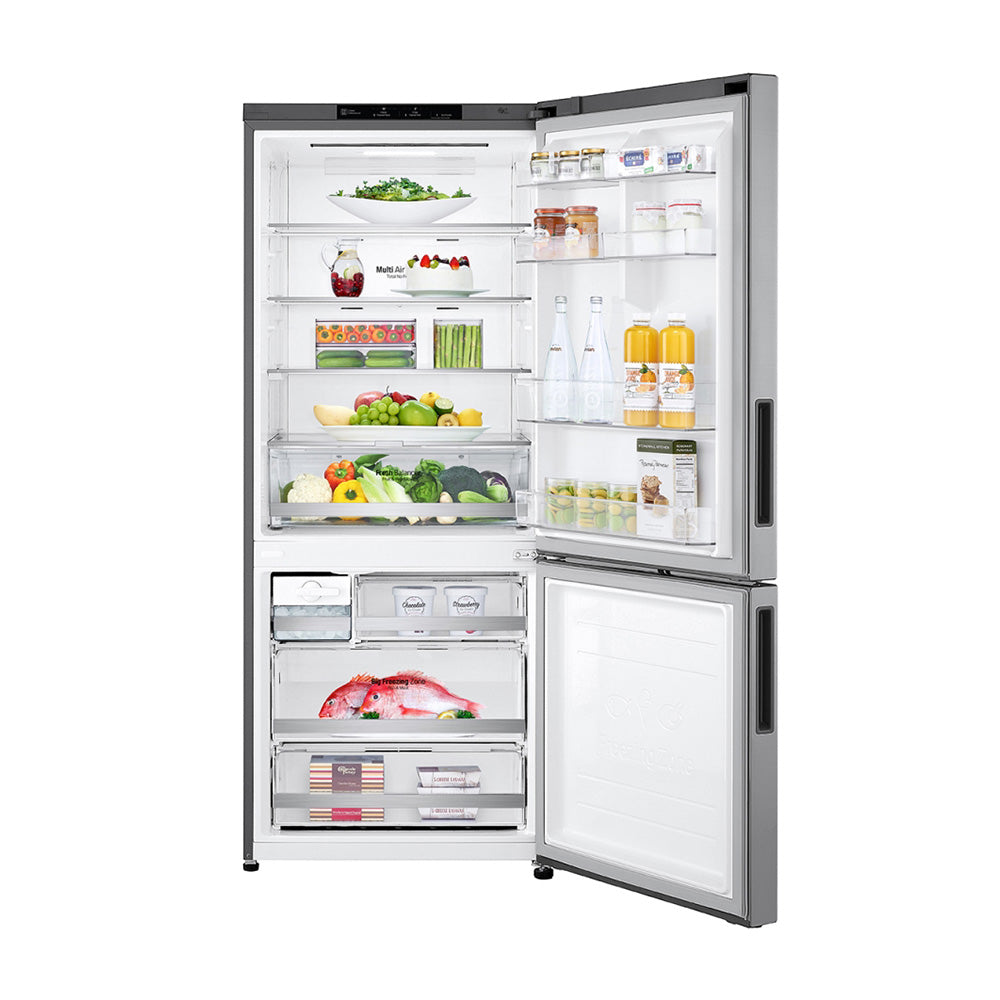 LG 420L Bottom Mount Fridge Stainless Steel GB-455PL, Fridge front view filled with groceries, food and bottles