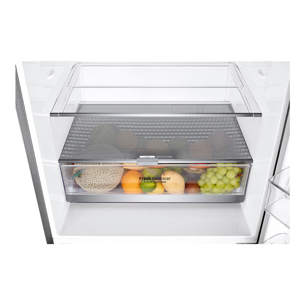 LG 420L Bottom Mount Fridge Stainless Steel GB-455PL, Front top vegetable crisper drawer view