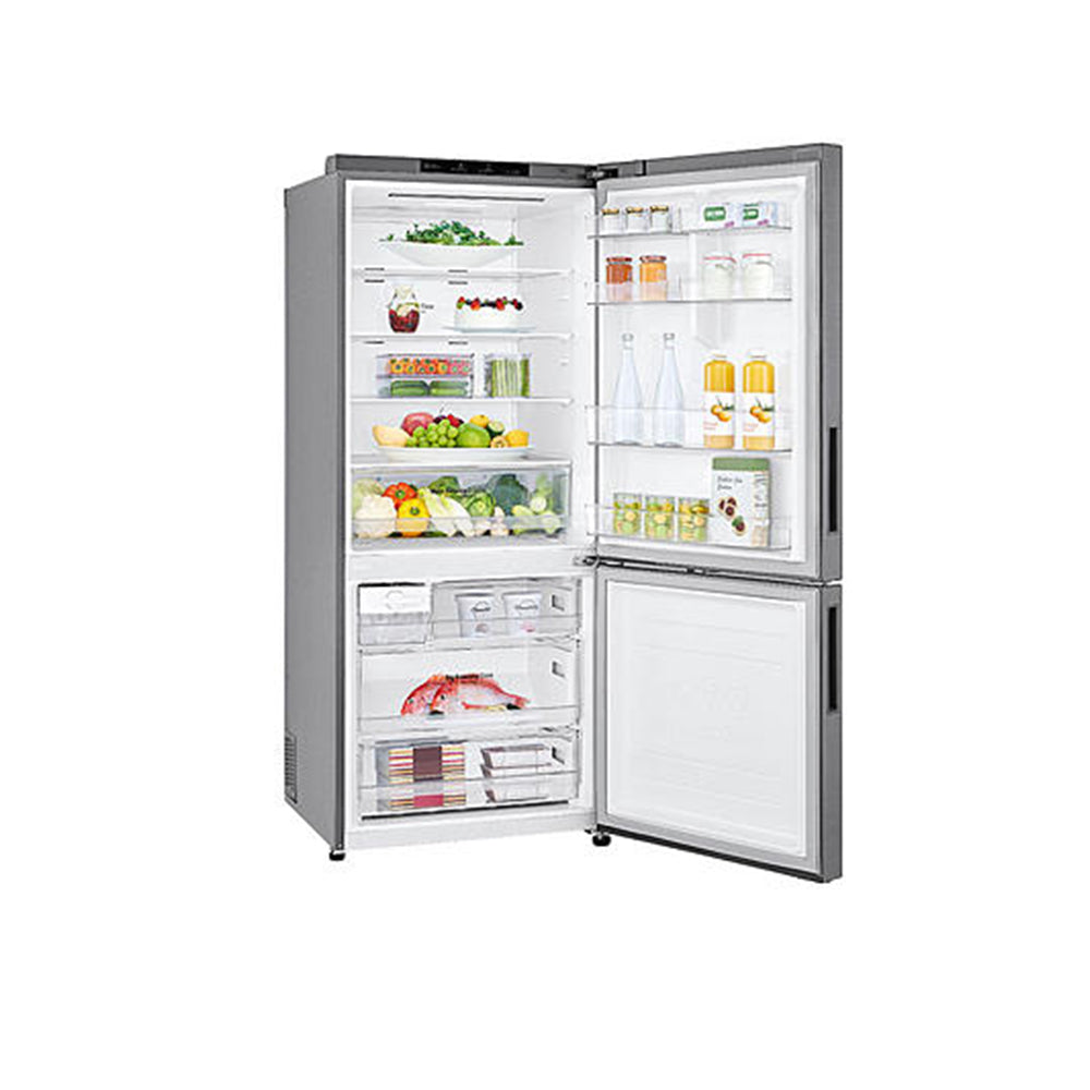 LG 420L Bottom Mount Fridge Dark Graphite GB-455UPLE, Front right view with open door filled with groceries, food and bottles