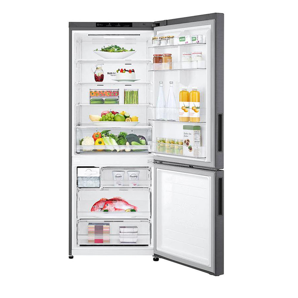 LG 420L Bottom Mount Fridge Dark Graphite GB-455UPLE, Front with open door view filled with groceries, food and bottles