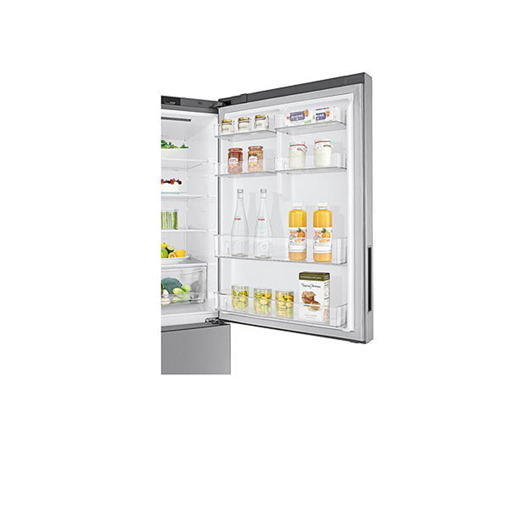 LG 420L Bottom Mount Fridge Dark Graphite GB-455UPLE, Door shelf view filled with bottles and jars