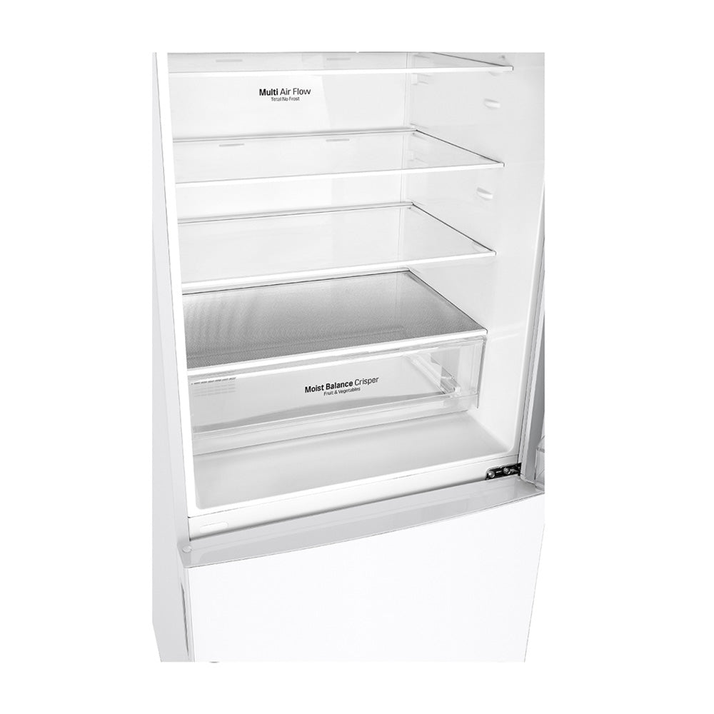 LG 420L Bottom Mount Fridge White GB-455WL, Glass shelf and vegetable crisper drawer view 2