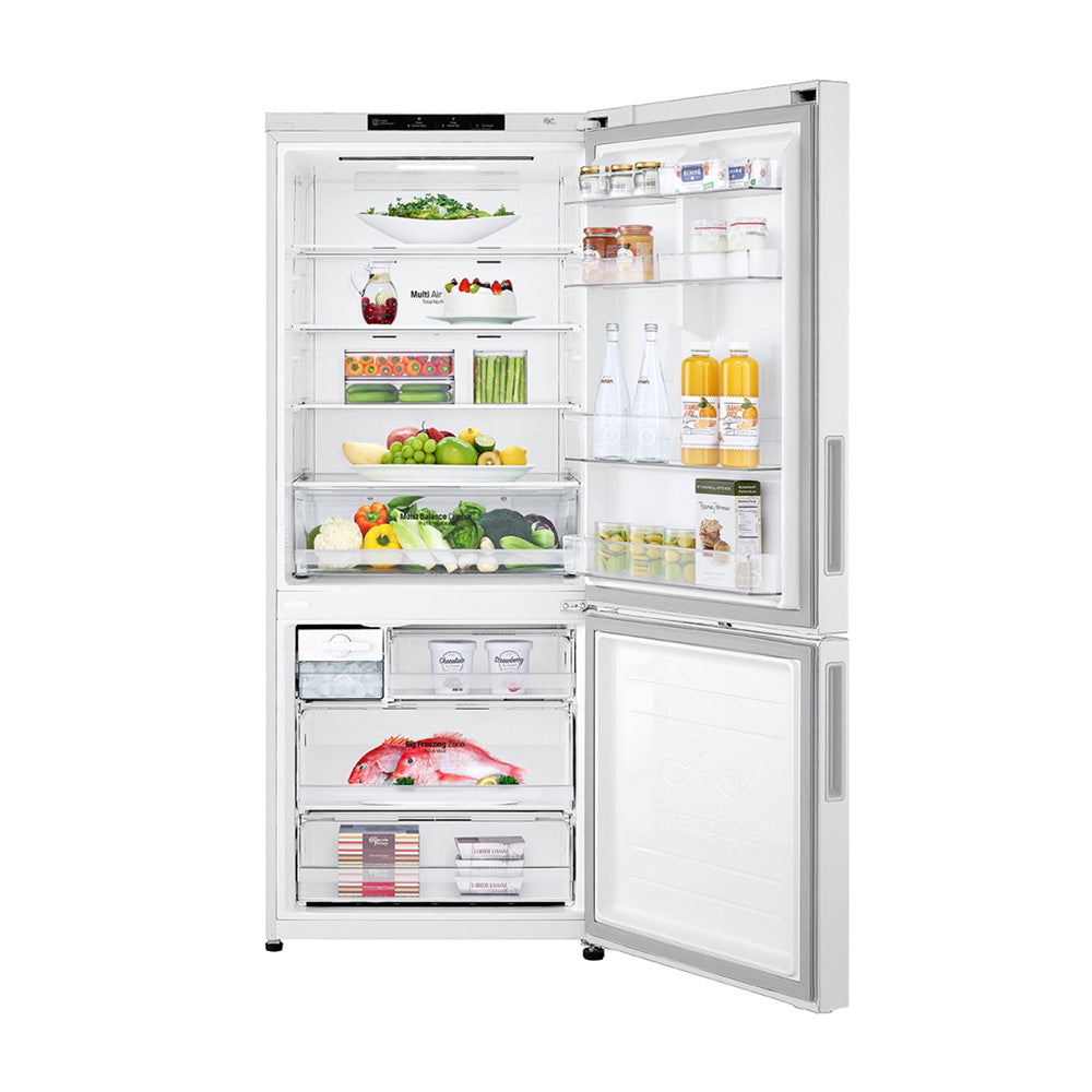 LG 420L Bottom Mount Fridge White GB-455WL, Front view with open door, a view filled with groceries, food and bottles