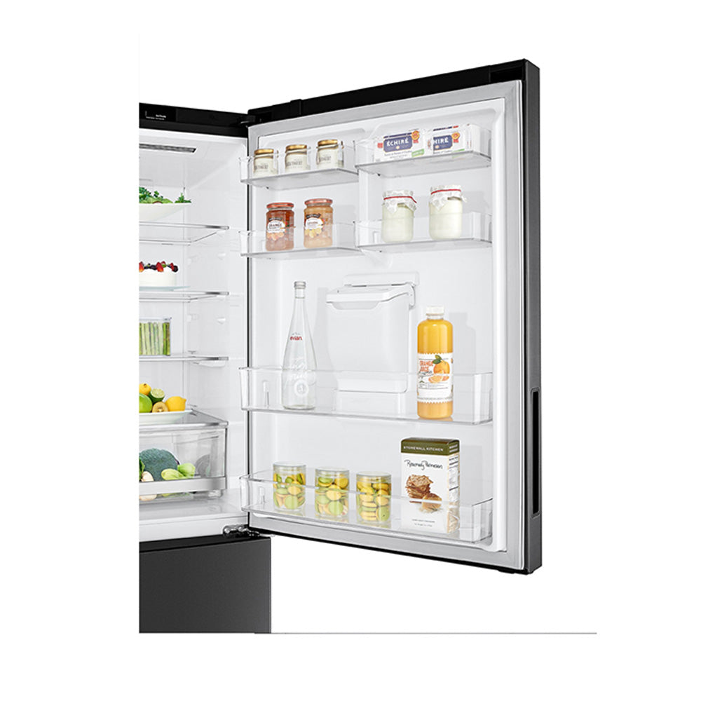 LG 420L Bottom Mount Non-Plumbed Fridge Matte Black GB-W455MBL, Door shelf view filled with bottles and jars