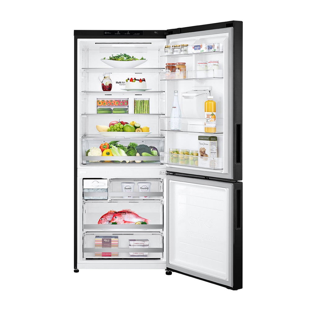 LG 420L Bottom Mount Non-Plumbed Fridge Matte Black GB-W455MBL, Front right view with door open, filled with groceries, food and bottles