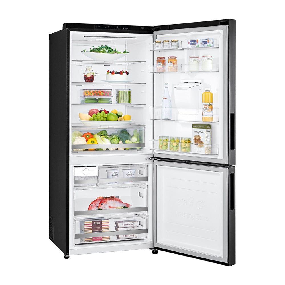 LG 420L Bottom Mount Non-Plumbed Fridge Matte Black GB-W455MBL, Front right view with door open filled with groceries, food and bottles