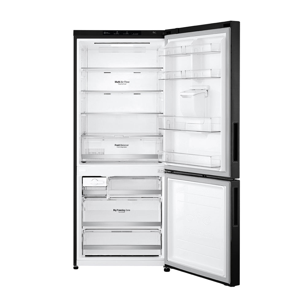 LG 420L Bottom Mount Non-Plumbed Fridge Matte Black GB-W455MBL, Front view with open door