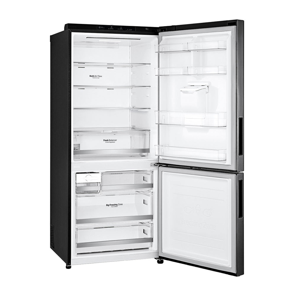 LG 420L Bottom Mount Non-Plumbed Fridge Matte Black GB-W455MBL, Front right view with door open