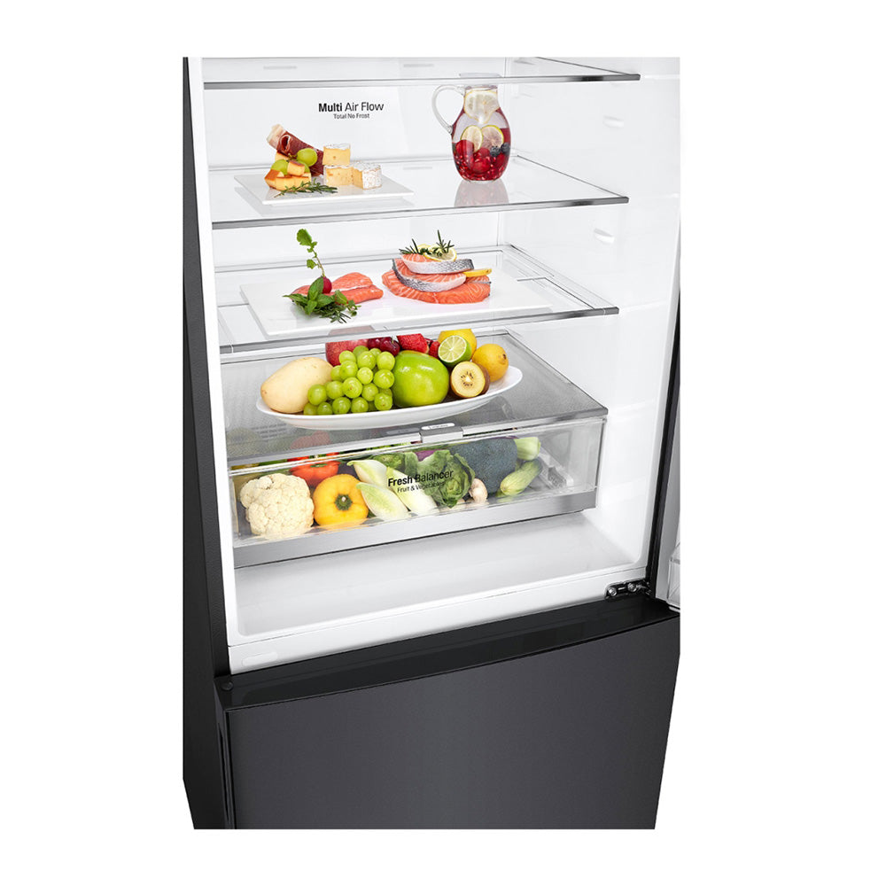 LG 420L Bottom Mount Non-Plumbed Fridge Matte Black GB-W455MBL, Glass shelf and vegetable crisper drawer view 