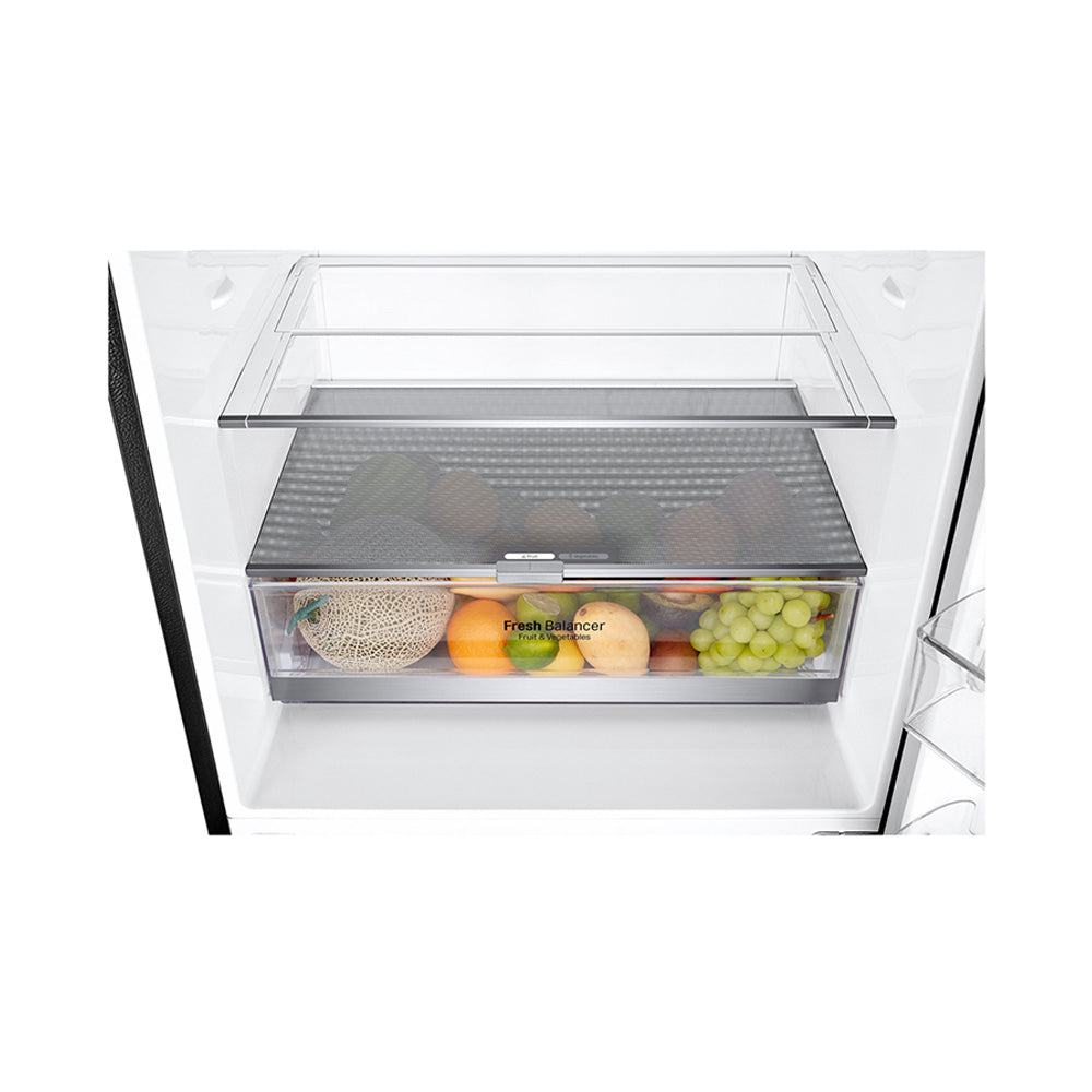 LG 420L Bottom Mount Non-Plumbed Fridge Matte Black GB-W455MBL, Top glass shelf and vegetable crisper drawer view 