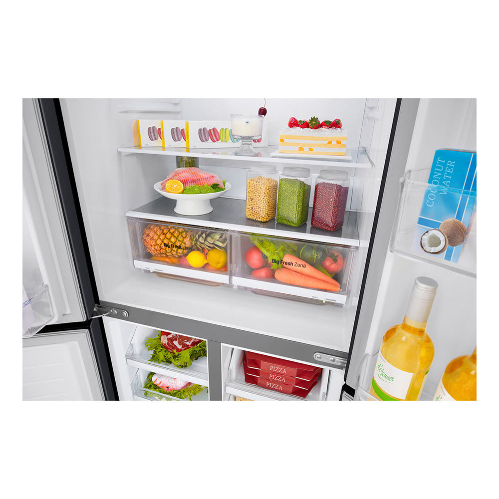 LG GF-B590MBL 530L French Door Fridge Matte Black Steel, Glass shelf and vegetable crisper drawer view 