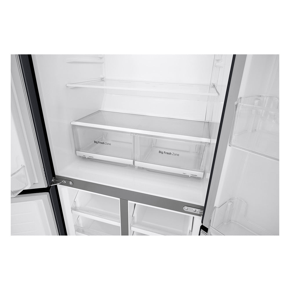 LG GF-B590MBL 530L French Door Fridge Matte Black Steel, Glass shelf and vegetable crisper drawer view 