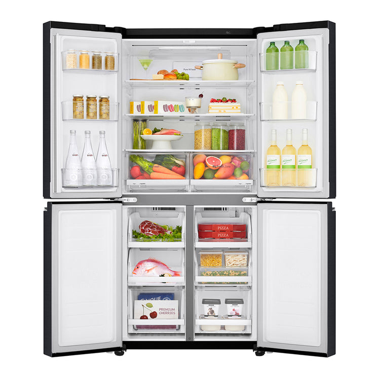 LG GF-B590MBL 530L French Door Fridge Matte Black Steel, Front view with open door, a view filled with groceries, food and bottles