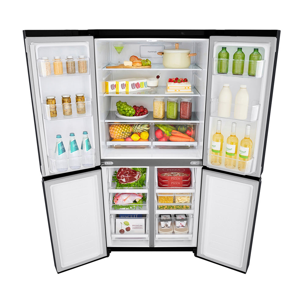 LG GF-B590MBL 530L French Door Fridge Matte Black Steel, Front top view with open door, a view filled with groceries, food and bottles