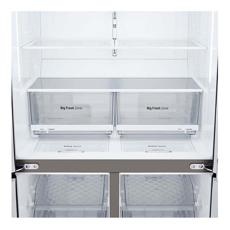 LG 664L French Door Fridge Matte Black GF-B730MBL, Glass shelf and vegetable crisper drawer view 