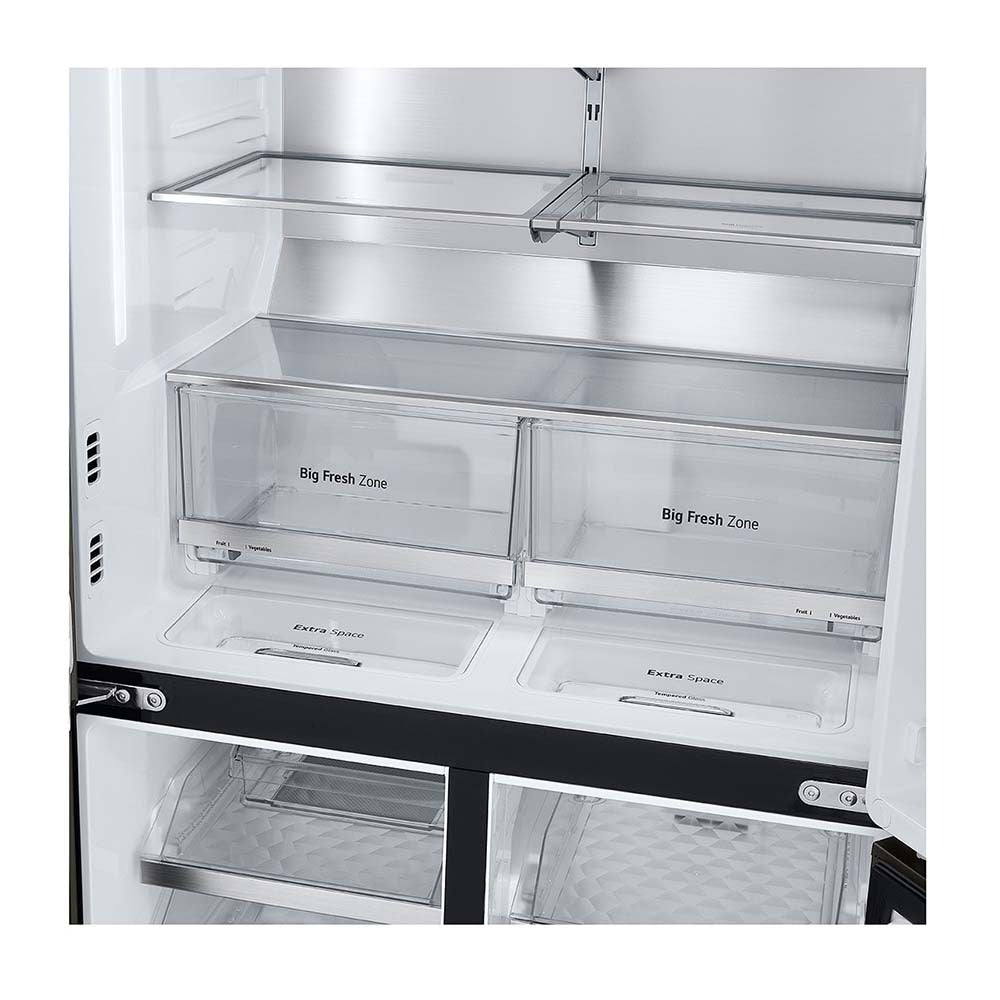 LG 638L Door in Door French Door Fridge Black Steel GF-D700BSLC, Glass shelf and vegetable crisper drawer view 