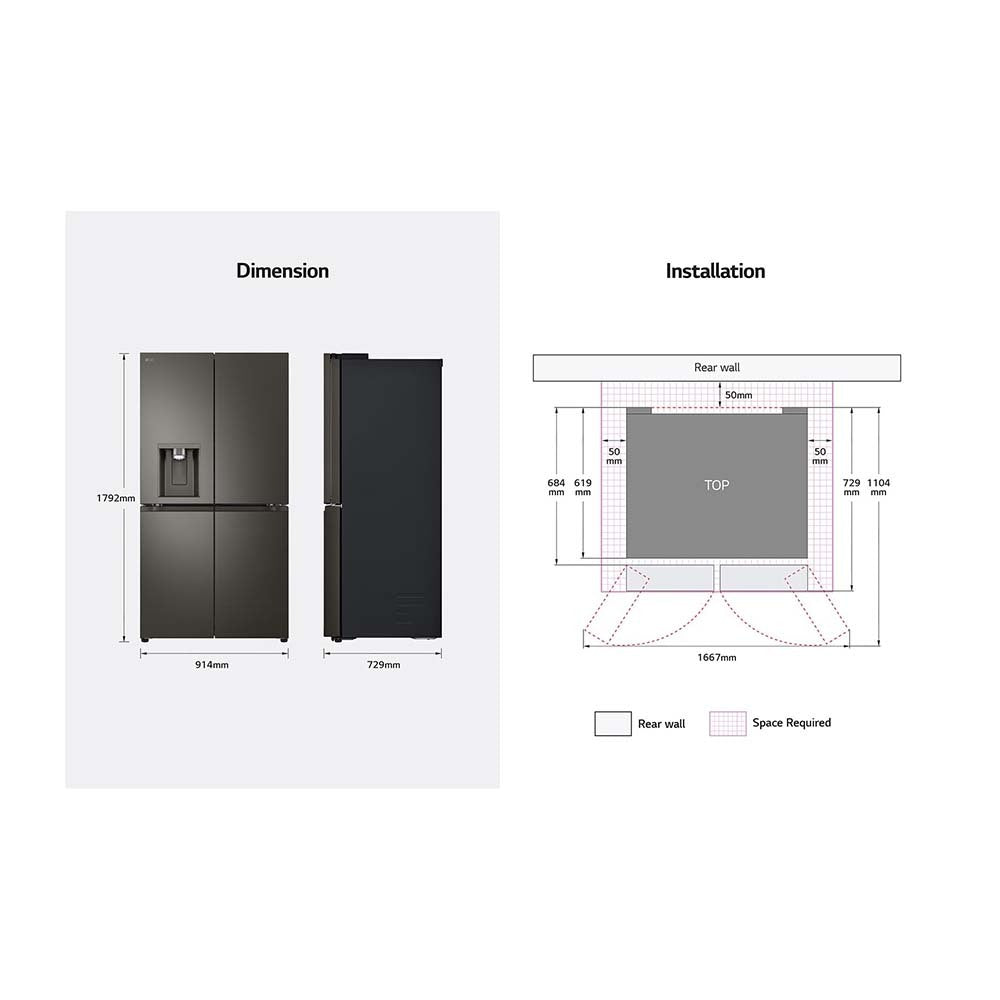 LG 638L Door in Door French Door Fridge Black Steel GF-D700BSLC, Dimension and size chart